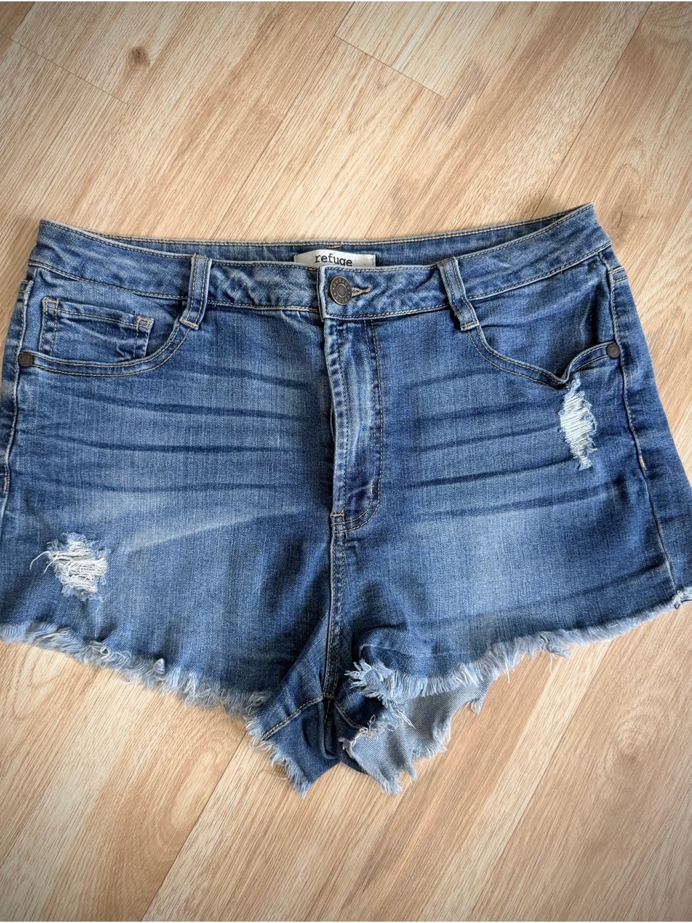 refuge Blue Distressed Frayed Hem Denim Shorts